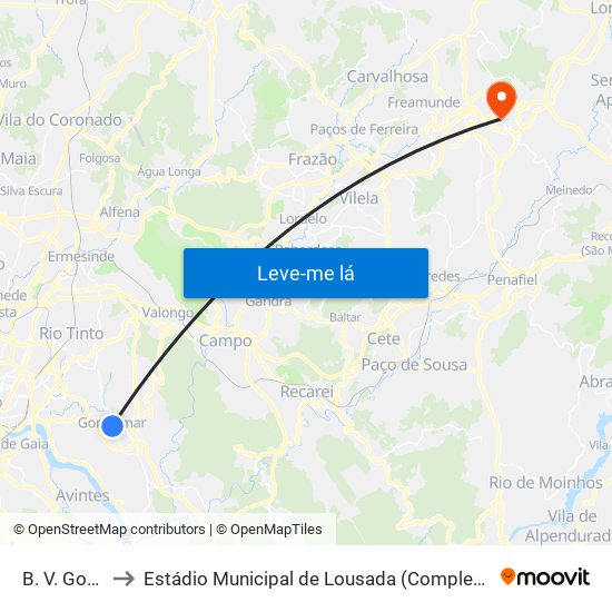 B. V. Gondomar to Estádio Municipal de Lousada (Complexo Desportivo de Lousada) map