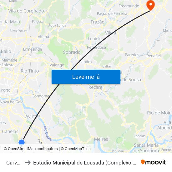 Carvalhos to Estádio Municipal de Lousada (Complexo Desportivo de Lousada) map