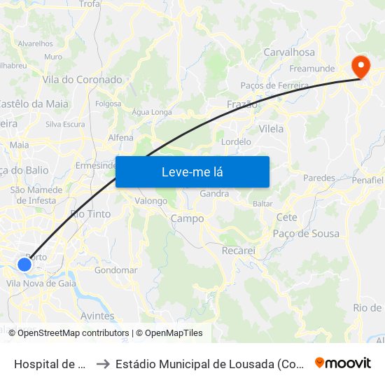 Hospital de Santo António to Estádio Municipal de Lousada (Complexo Desportivo de Lousada) map