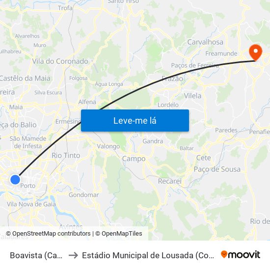 Boavista (Casa da Música) to Estádio Municipal de Lousada (Complexo Desportivo de Lousada) map