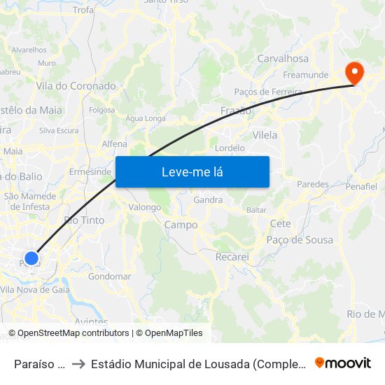 Paraíso (Metro) to Estádio Municipal de Lousada (Complexo Desportivo de Lousada) map