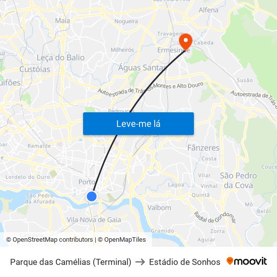 Parque das Camélias (Terminal) to Estádio de Sonhos map