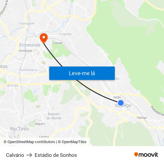 Calvário to Estádio de Sonhos map