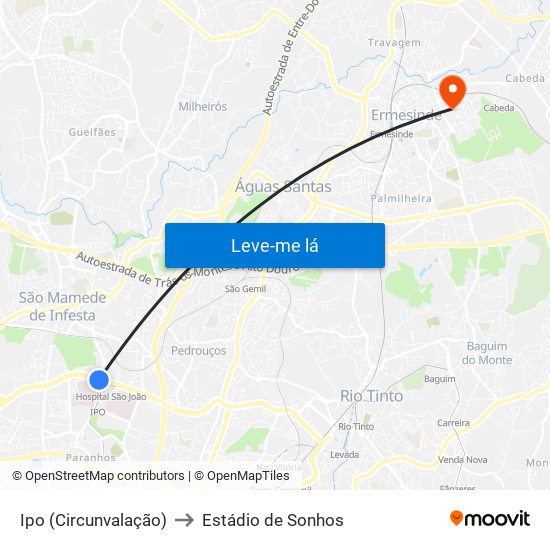 Ipo (Circunvalação) to Estádio de Sonhos map