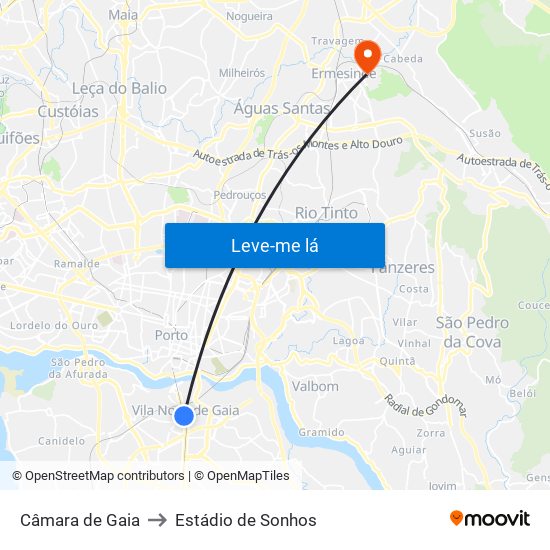 Câmara de Gaia to Estádio de Sonhos map