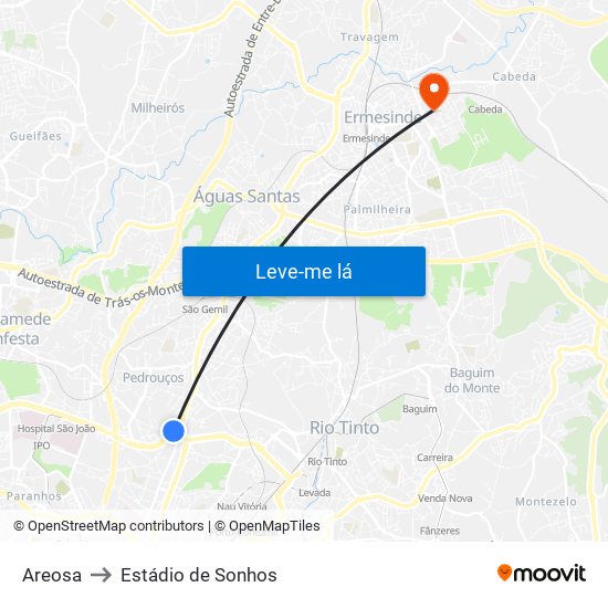 Areosa to Estádio de Sonhos map