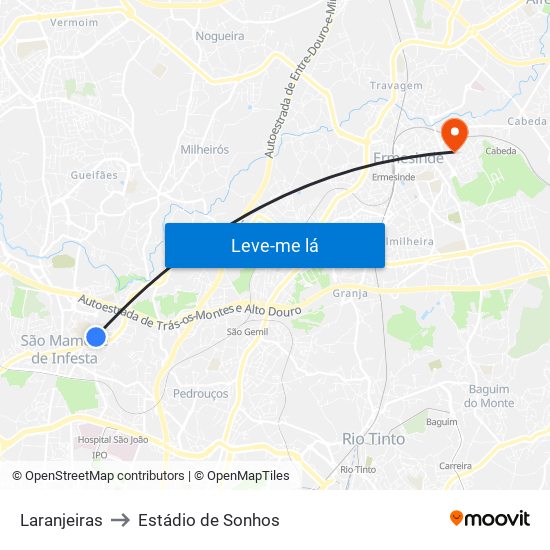 Laranjeiras to Estádio de Sonhos map