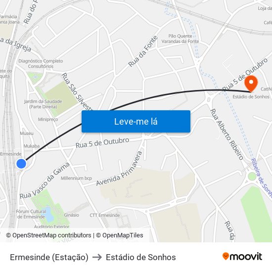 Ermesinde (Estação) to Estádio de Sonhos map