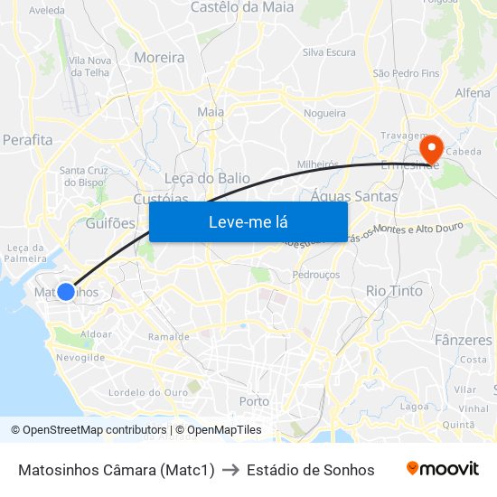 Matosinhos Câmara (Matc1) to Estádio de Sonhos map