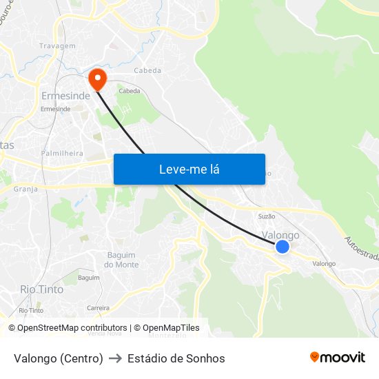 Valongo (Centro) to Estádio de Sonhos map