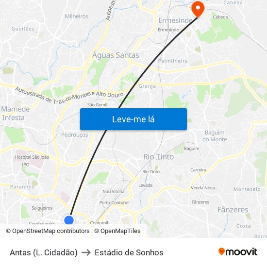 Antas (L. Cidadão) to Estádio de Sonhos map