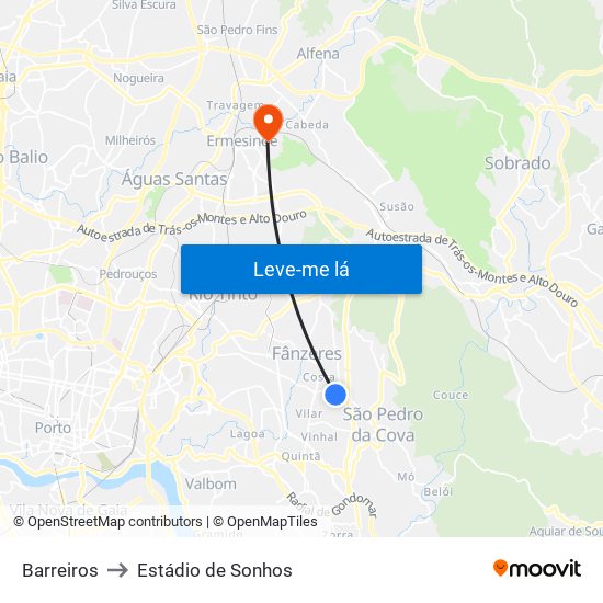 Barreiros to Estádio de Sonhos map