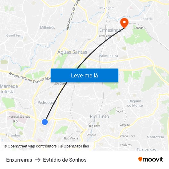 Enxurreiras to Estádio de Sonhos map