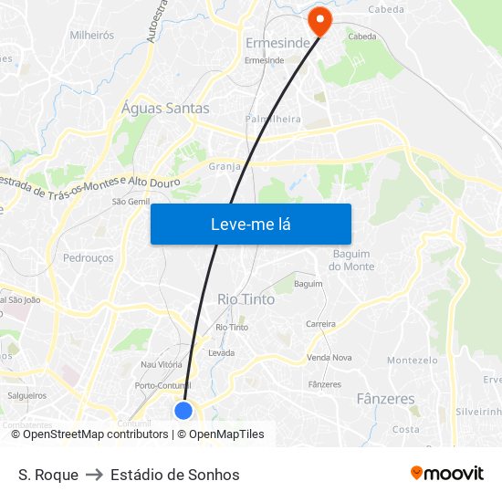 S. Roque to Estádio de Sonhos map
