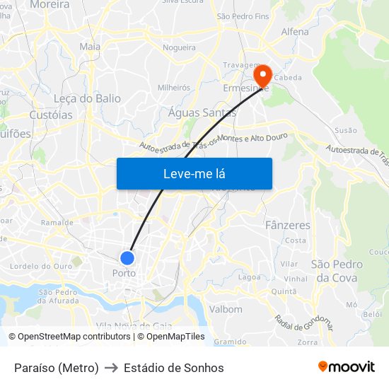 Paraíso (Metro) to Estádio de Sonhos map