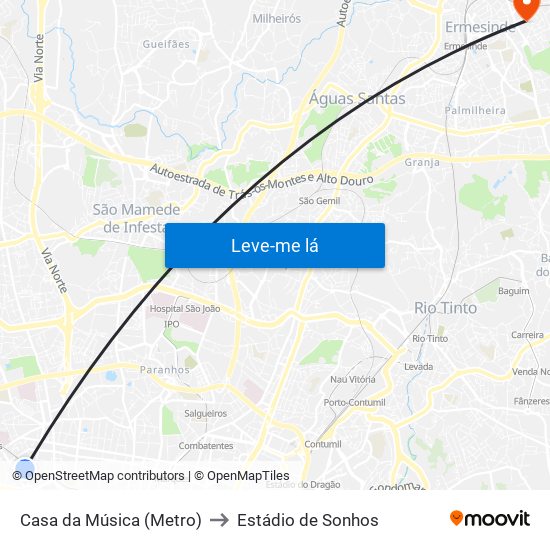 Casa da Música (Metro) to Estádio de Sonhos map