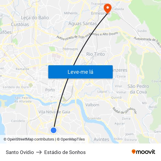 Santo Ovídio to Estádio de Sonhos map