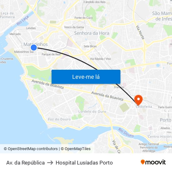 Av. da República to Hospital Lusíadas Porto map