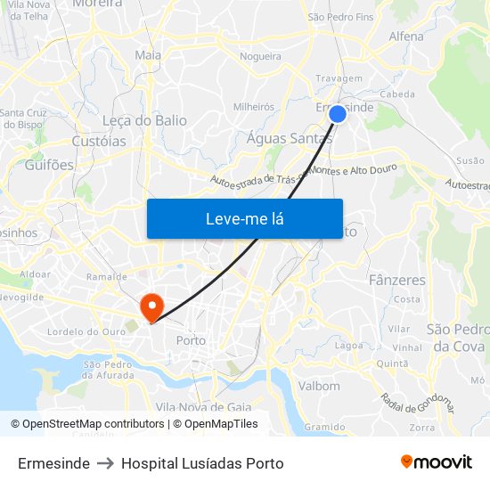 Ermesinde to Hospital Lusíadas Porto map