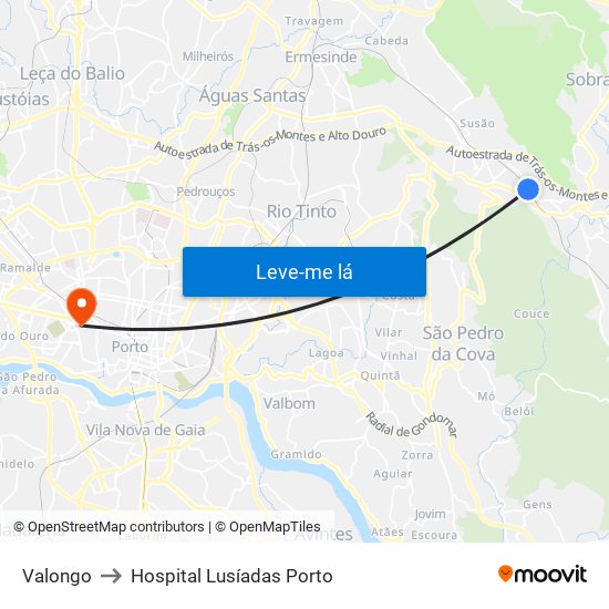 Valongo to Hospital Lusíadas Porto map