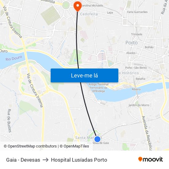 Gaia - Devesas to Hospital Lusíadas Porto map