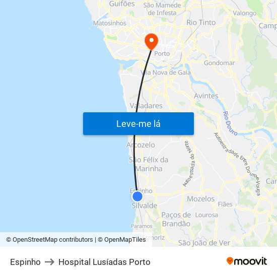 Espinho to Hospital Lusíadas Porto map