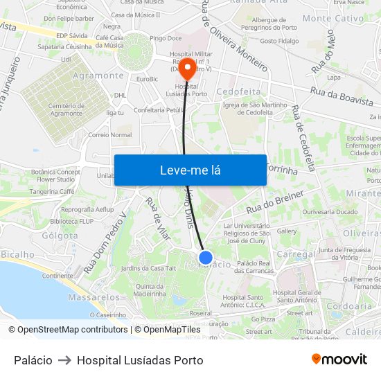 Palácio to Hospital Lusíadas Porto map