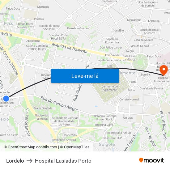 Lordelo to Hospital Lusíadas Porto map