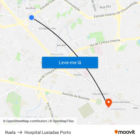 Ruela to Hospital Lusíadas Porto map