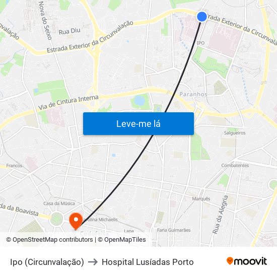 Ipo (Circunvalação) to Hospital Lusíadas Porto map