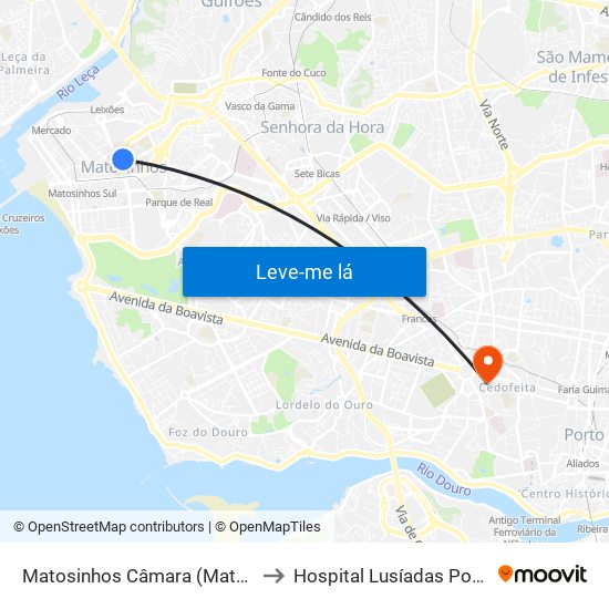 Matosinhos Câmara (Matc1) to Hospital Lusíadas Porto map