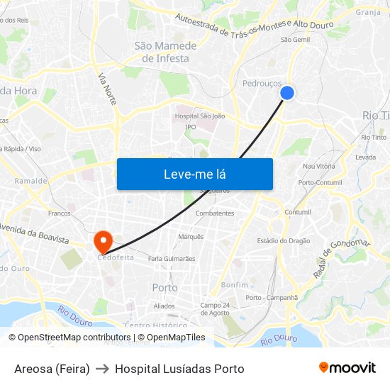 Areosa (Feira) to Hospital Lusíadas Porto map