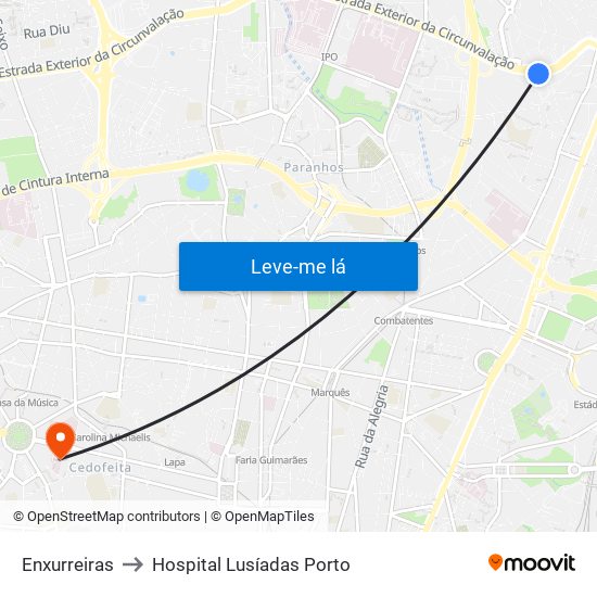 Enxurreiras to Hospital Lusíadas Porto map