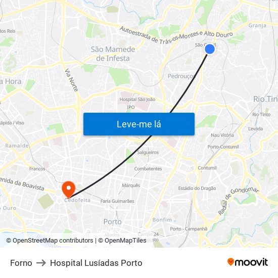 Forno to Hospital Lusíadas Porto map