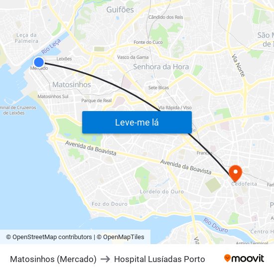 Matosinhos (Mercado) to Hospital Lusíadas Porto map