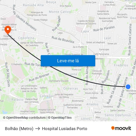 Bolhão (Metro) to Hospital Lusíadas Porto map