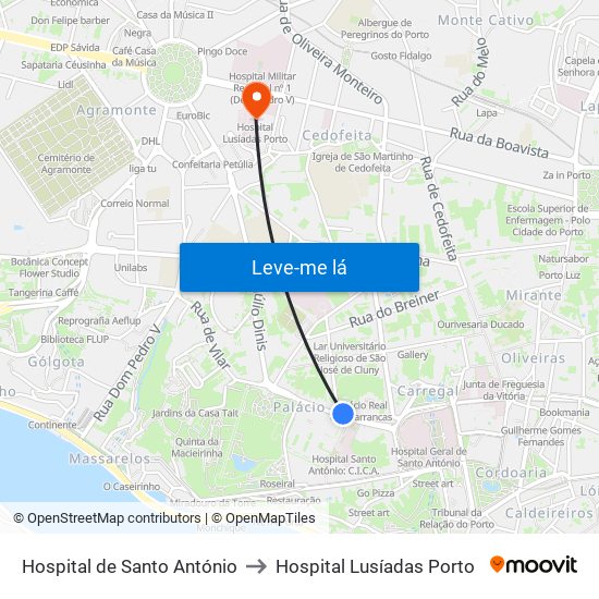 Hospital de Santo António to Hospital Lusíadas Porto map