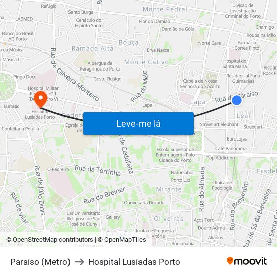Paraíso (Metro) to Hospital Lusíadas Porto map