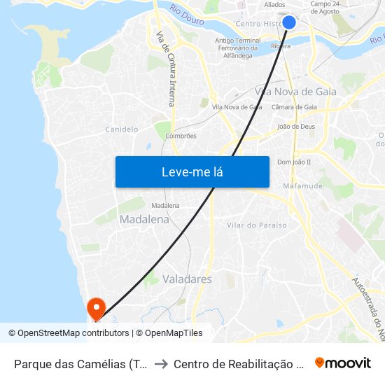 Parque das Camélias (Terminal) to Centro de Reabilitação do Norte map