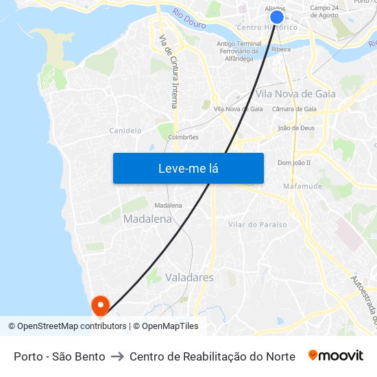 Porto - São Bento to Centro de Reabilitação do Norte map
