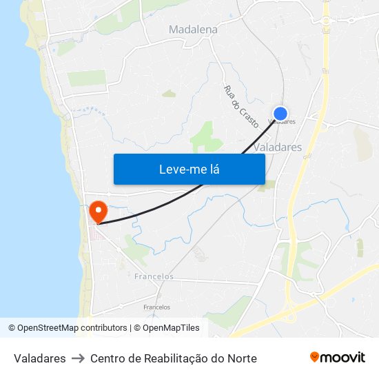 Valadares to Centro de Reabilitação do Norte map