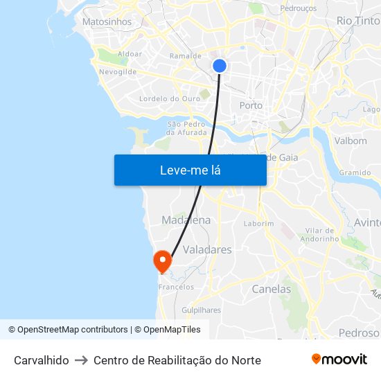 Carvalhido to Centro de Reabilitação do Norte map