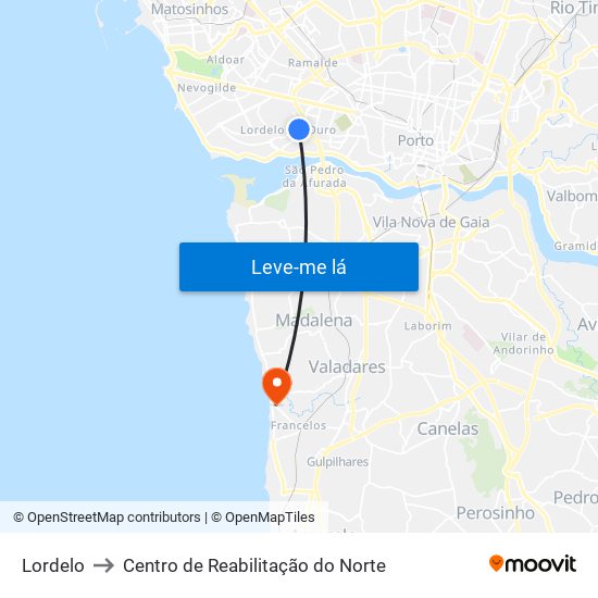 Lordelo to Centro de Reabilitação do Norte map