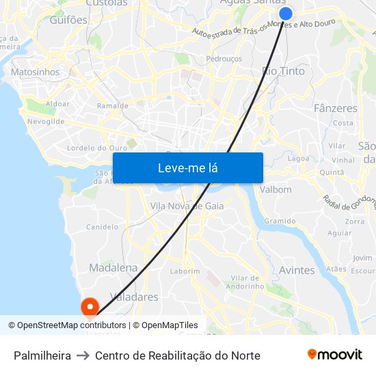 Palmilheira to Centro de Reabilitação do Norte map