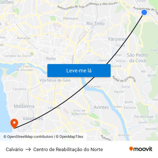 Calvário to Centro de Reabilitação do Norte map