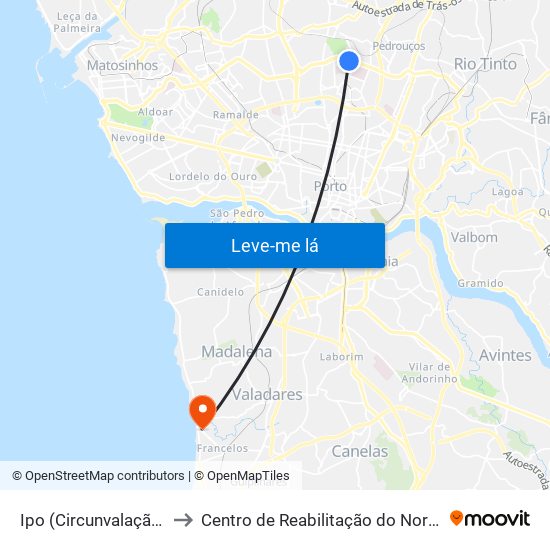 Ipo (Circunvalação) to Centro de Reabilitação do Norte map