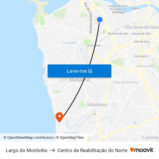 Largo do Montinho to Centro de Reabilitação do Norte map