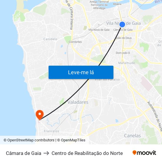 Câmara de Gaia to Centro de Reabilitação do Norte map