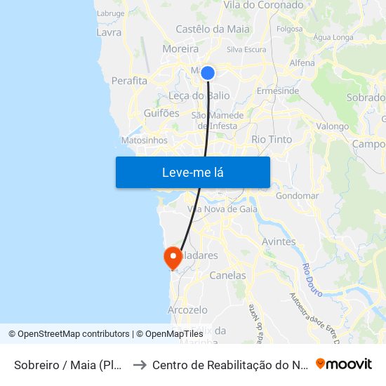 Sobreiro / Maia (Plaza) to Centro de Reabilitação do Norte map