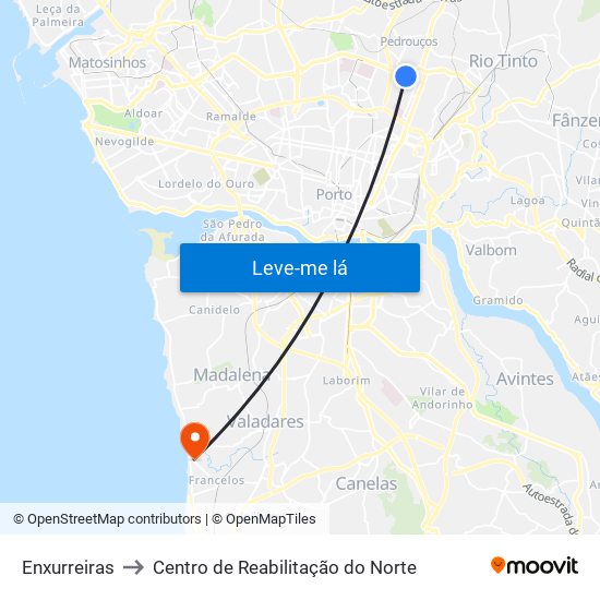 Enxurreiras to Centro de Reabilitação do Norte map